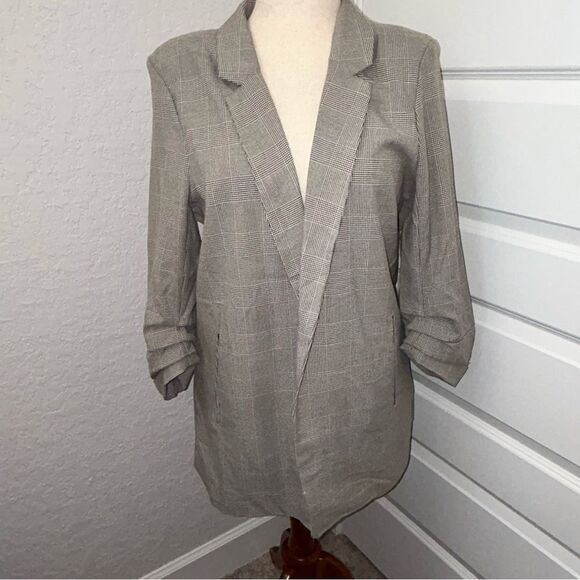 New, Rachel Zoe Houndstooth Open Front Long 3/4 Length Ruched Sleeve Blazer - Picture 1 of 10